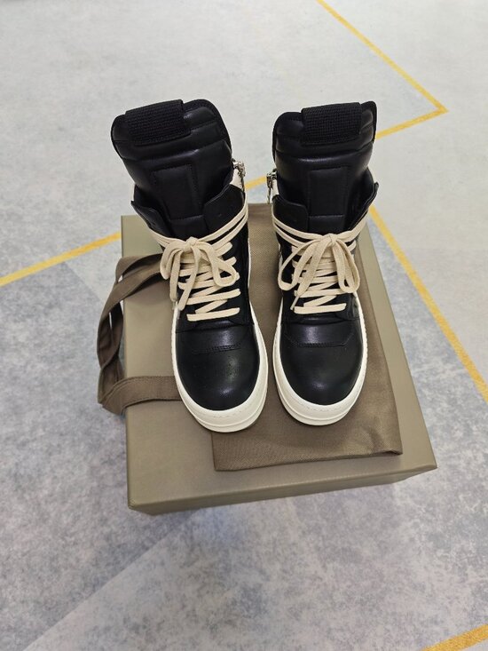 Rick Owens Other - Rick Owens Black Leather High-Top Boots with Cream Laces and Off-White Sole